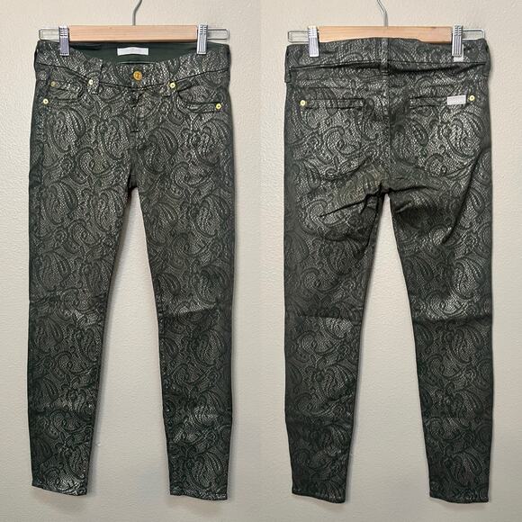 7 For All Mankind Green Lace Print Shimmer Skinny Jeans Size 25 - Picture 1 of 5